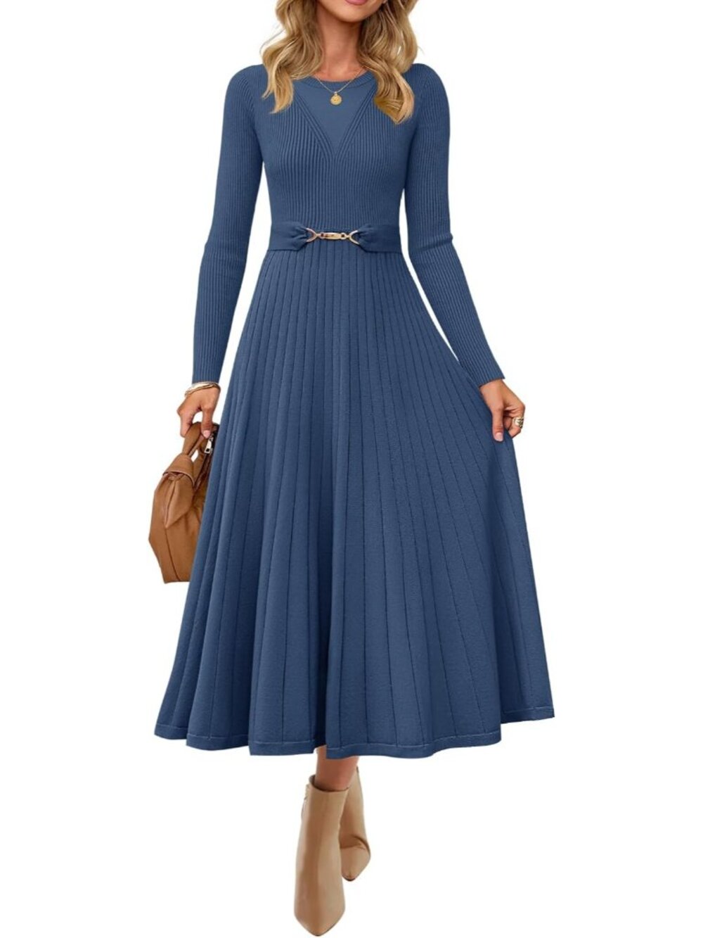 🆕Women's Dark Blue Long Sleeve Crew Neck High Waist A line Midi Sweater Dress